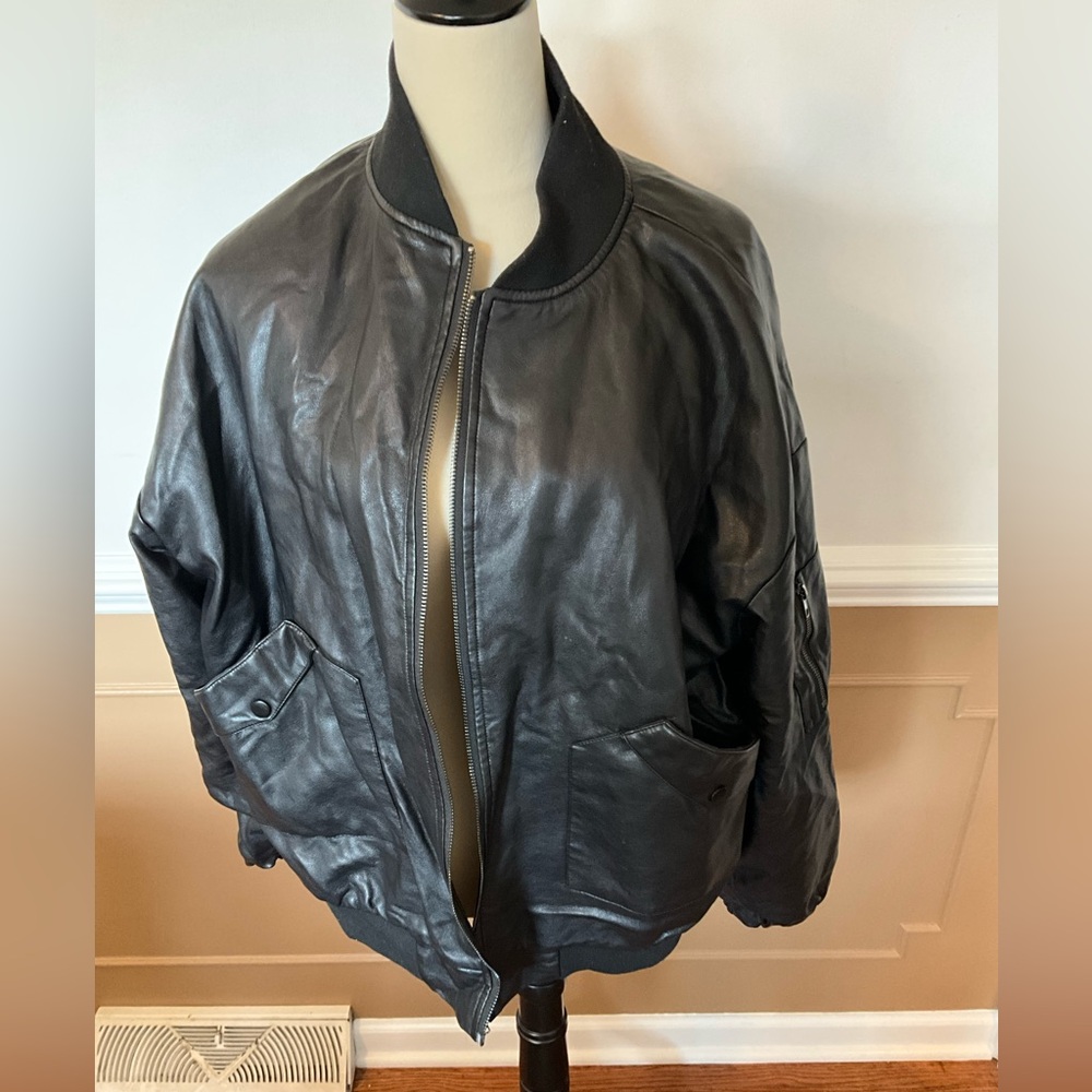 Edikted Black Leather Bomber Jacket - Picture 1 of 4